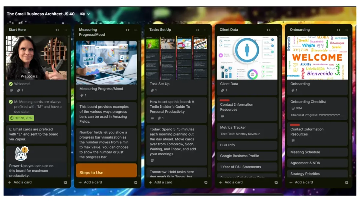 Alt text: Dashboard interface showcasing a time management tool with sections for measuring progress, task setup, client data, and onboarding, emphasizing productivity for small businesses.