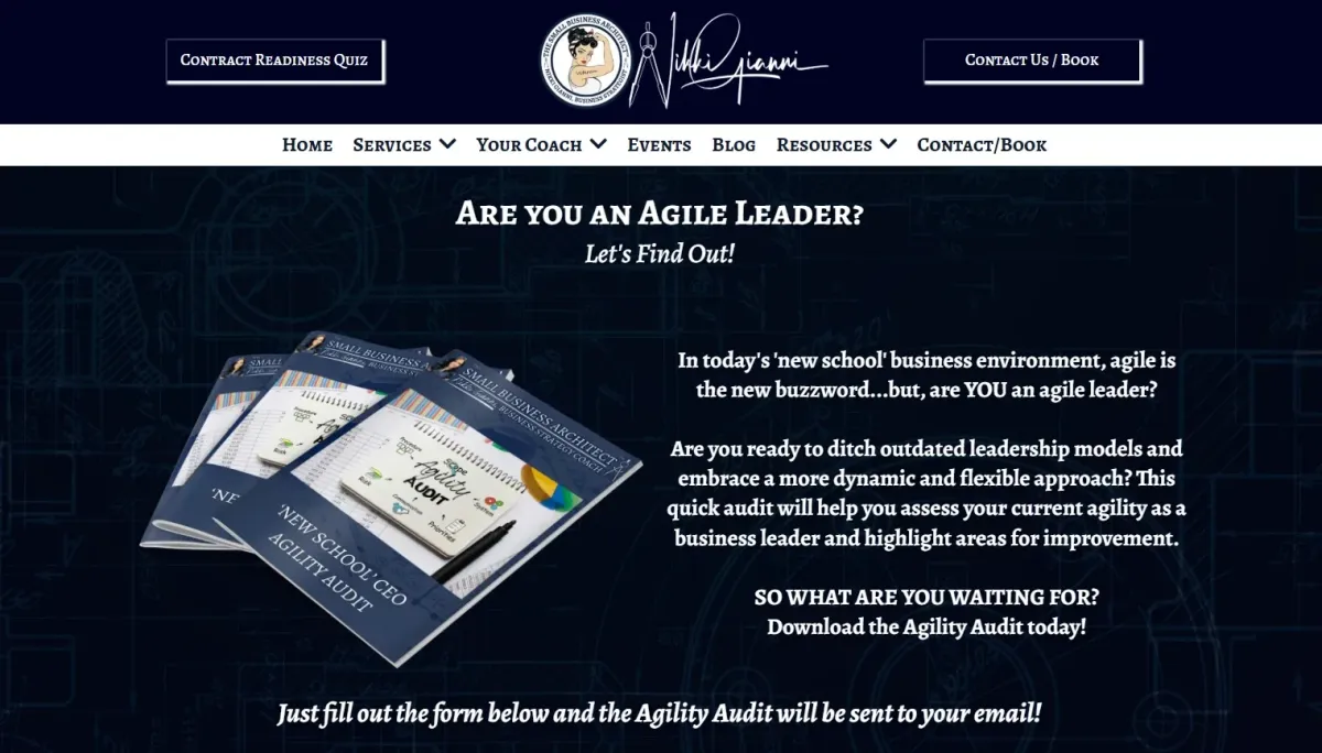 Agility Audit notebook and pen on a dark background, promoting leadership agility assessment for small business growth.