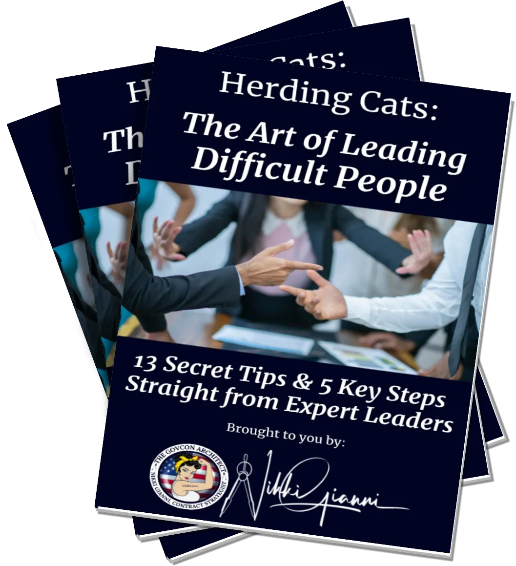 Herding Cats: The Art of Leading Difficult People book cover featuring hands in a business discussion, highlighting leadership strategies and tips from expert leaders, by Nikki Gianni, Small Business Architect.