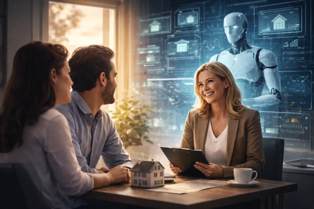 Real estate entrepreneur guiding clients through a home decision while AI analyzes market data in the background, representing the balance between technology and human connection.