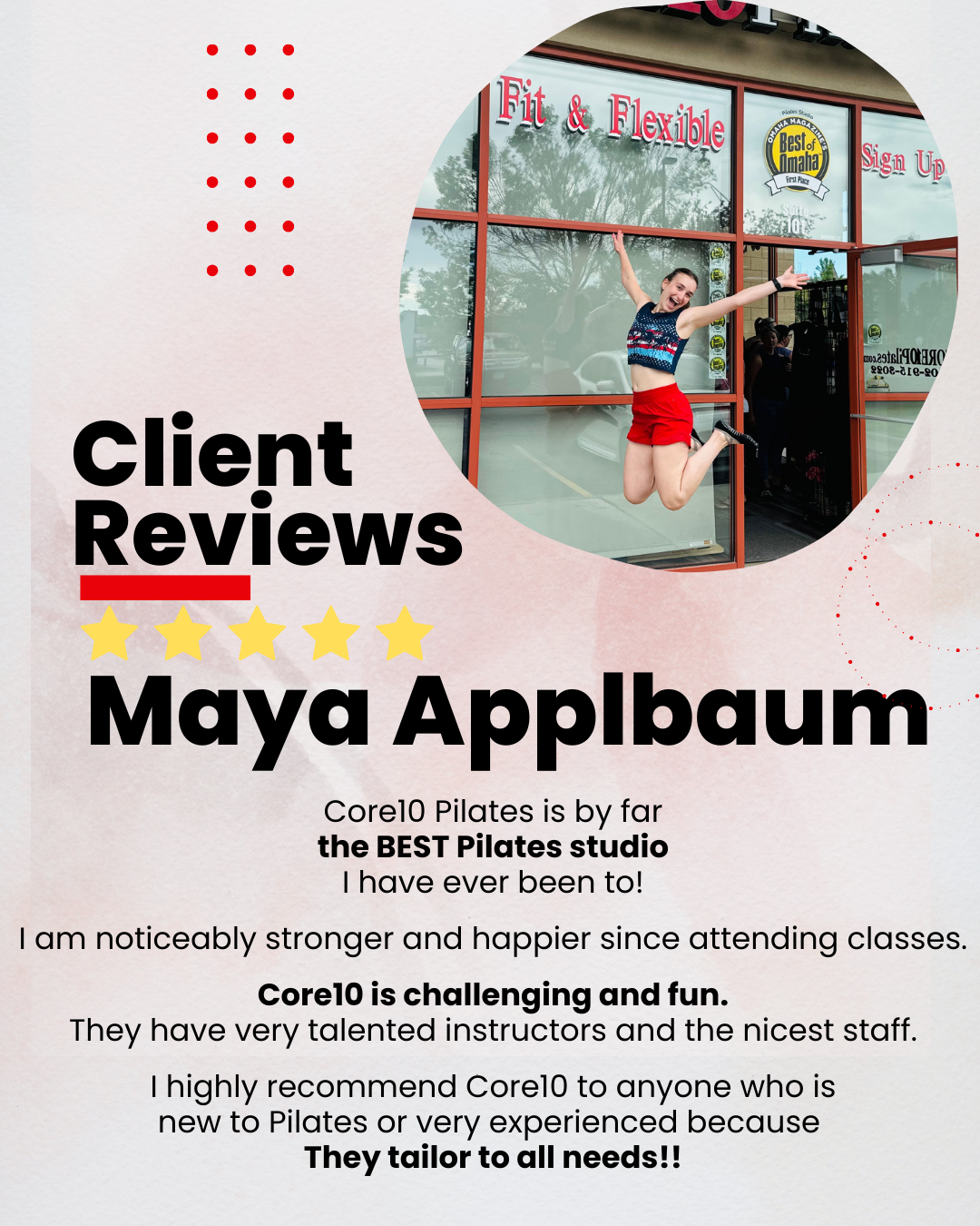 Maya Applbaum feels stronger, happier, and more energized from Core10 Pilates classes, praising the expert instructors and unmatched workouts.