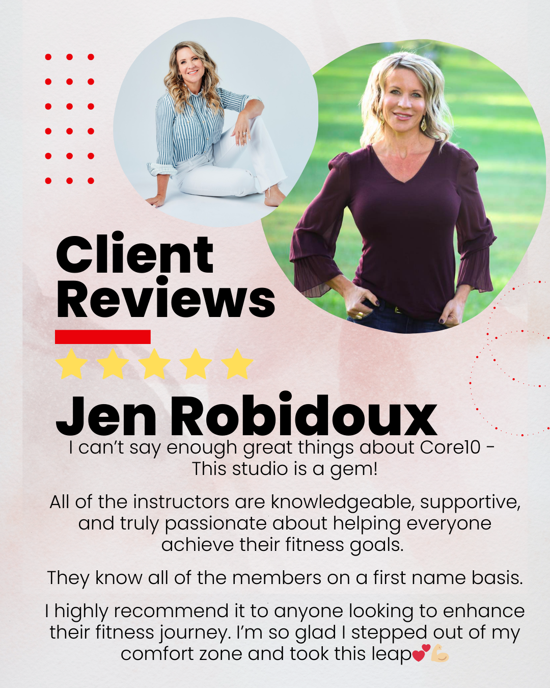 Jen Robidoux shares her love for Core10 Pilates, stepping out of big-box gyms to discover a boutique fitness studio with passionate trainers and real results.