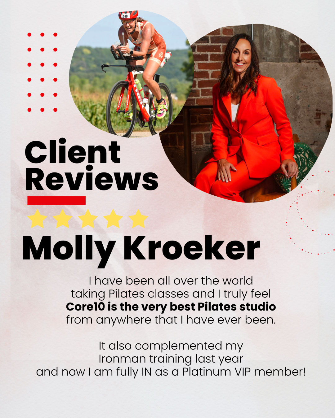 Molly Kroeker, an Ironman competitor, praises Core10 Pilates as the best reformer workout she’s taken—outperforming classes across multiple states and countries.