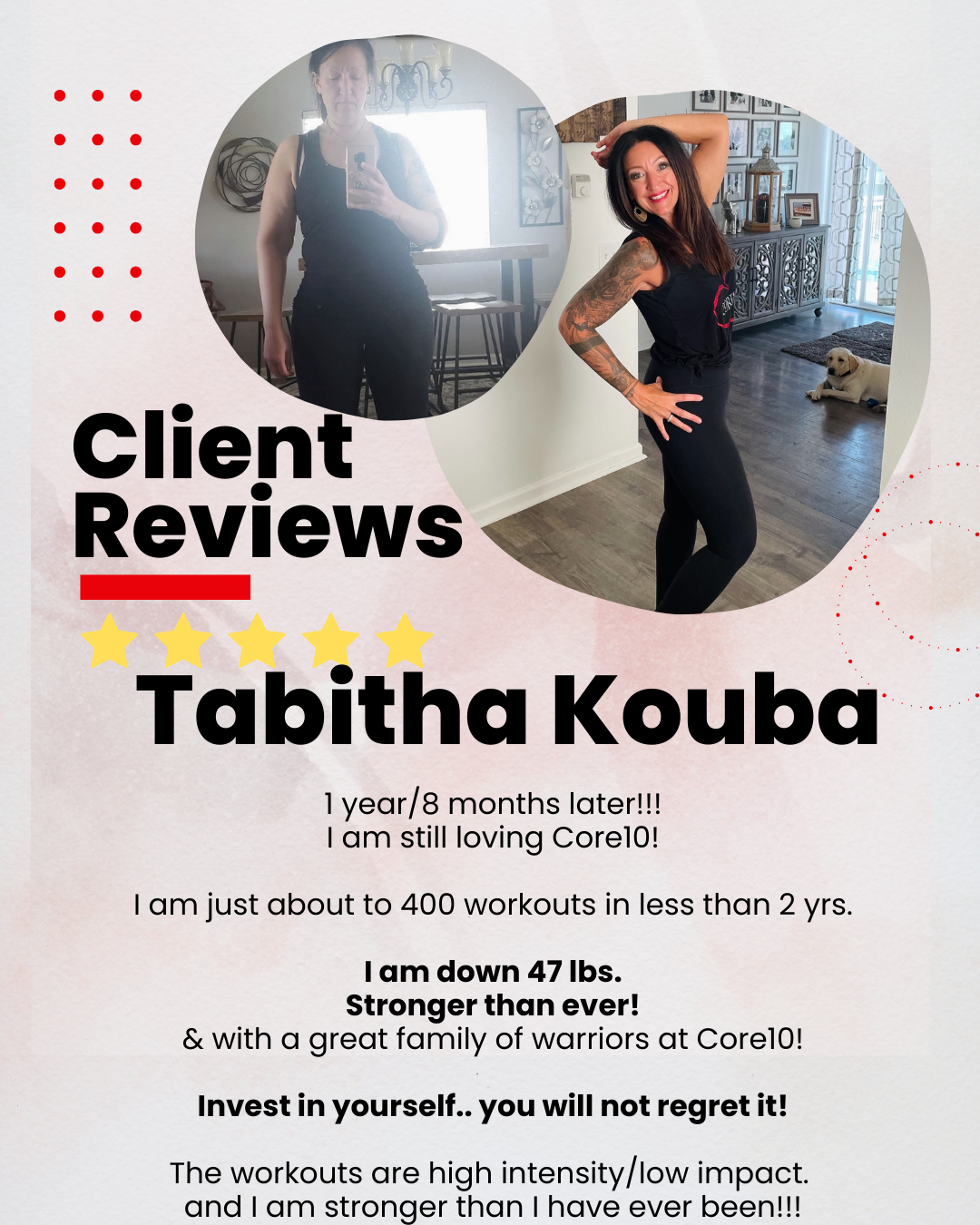 Tabitha Kouba’s 47-pound weight loss transformation at Core10 Pilates, gaining muscle tone, confidence, and feeling better than ever with reformer workouts.