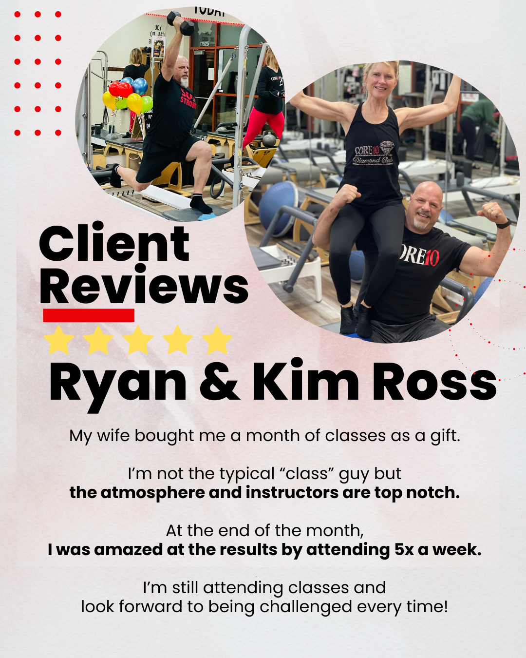 Ryan & Kim Ross celebrate their Core10 Pilates milestones—500 and 1000+ classes—gaining strength, seeing incredible results, and loving the challenge together.
