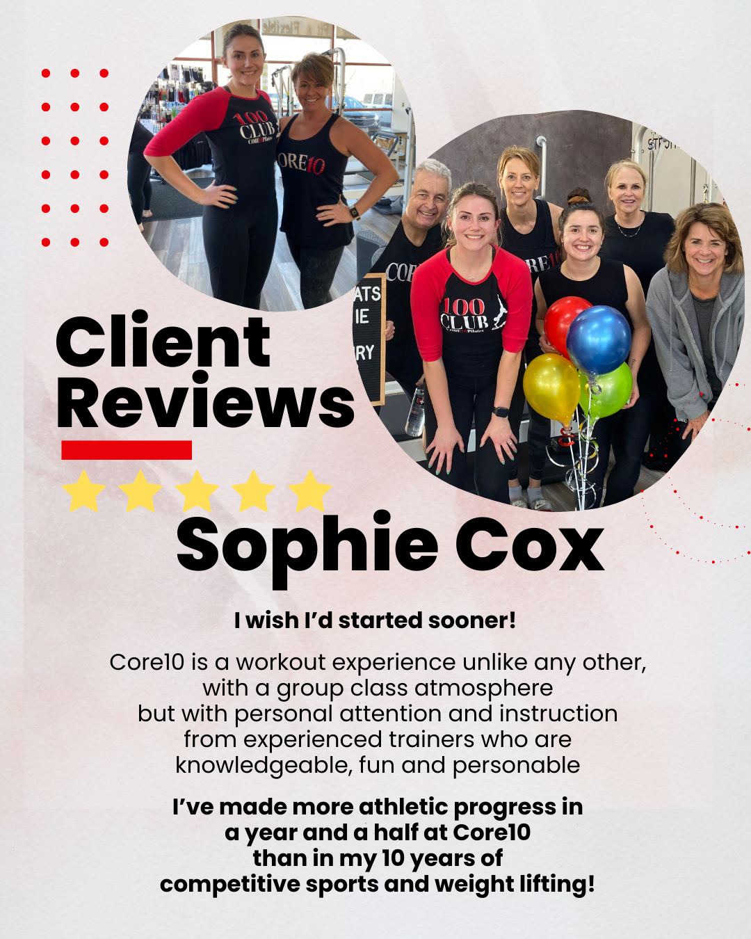 Sophie Cox, a longtime Core10 Pilates member, praises the intense, athletic workouts, wishing she had started sooner for the ultimate fitness challenge.