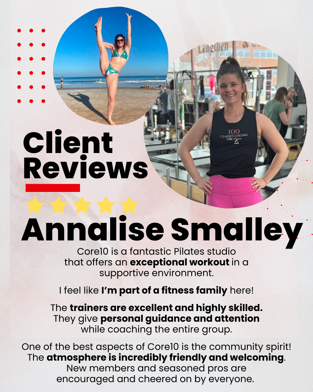 Annalise Smalley shares how Core10 Pilates workouts have made her stronger, leaner, and more defined, transforming her strength and muscle tone.