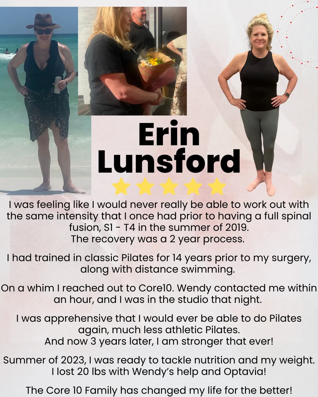 Erin Lunsford’s 20-pound weight loss and body transformation at Core10 Pilates, proving strength and mobility are possible even with a nearly fully fused spine.