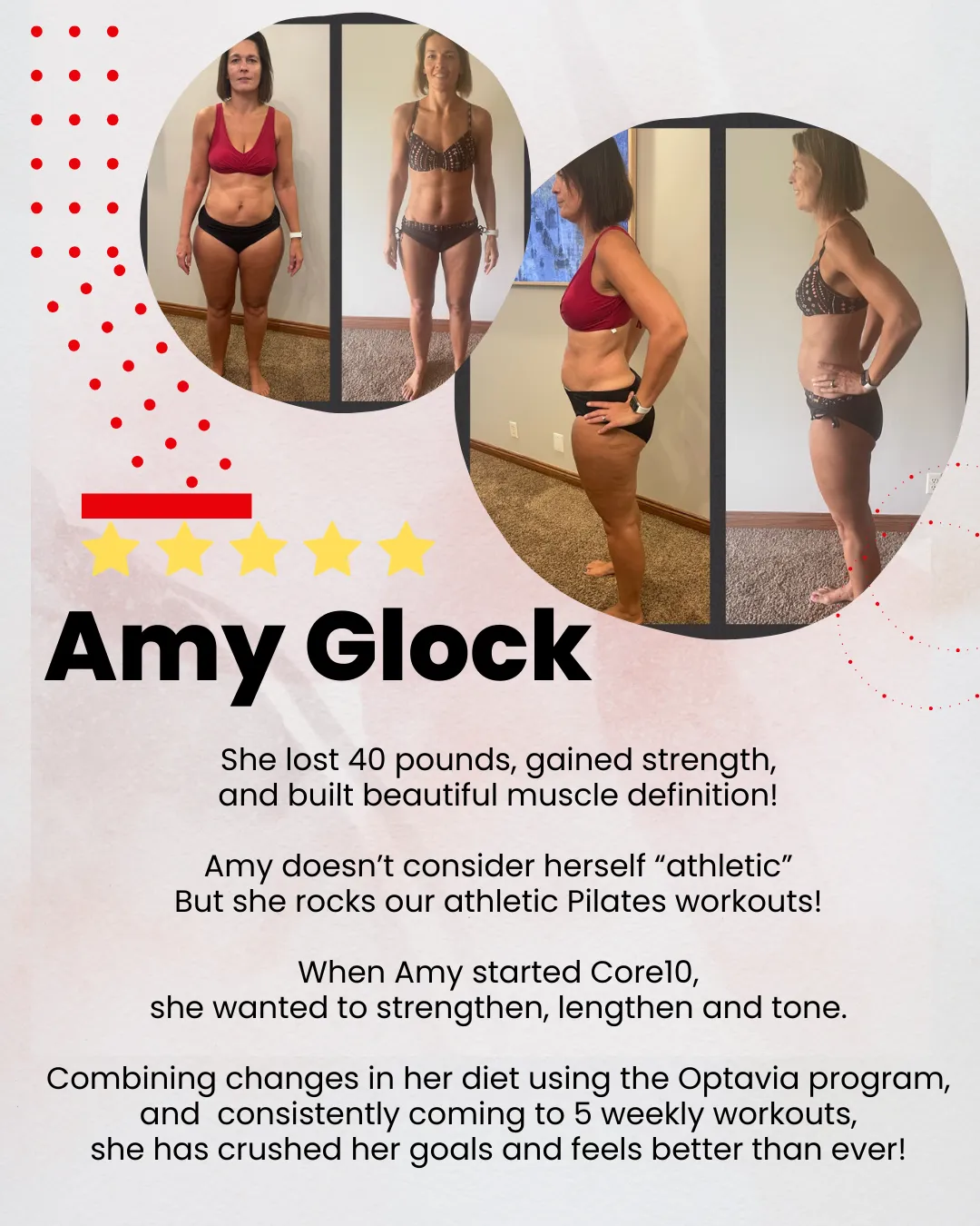 Amy Glock’s before-and-after weight loss transformation at Core10 Pilates, highlighting her fitness journey, improved health, and body sculpting results through reformer Pilates workouts