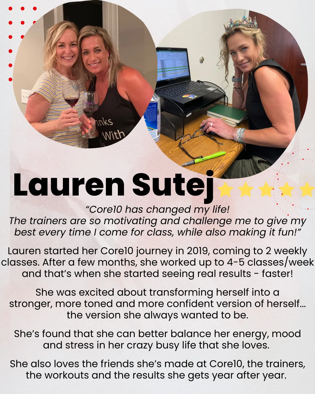 Lauren Sutej’s 30+ pound weight loss and full-body transformation at Core10 Pilates, feeling stronger, more confident, and moving better than ever.