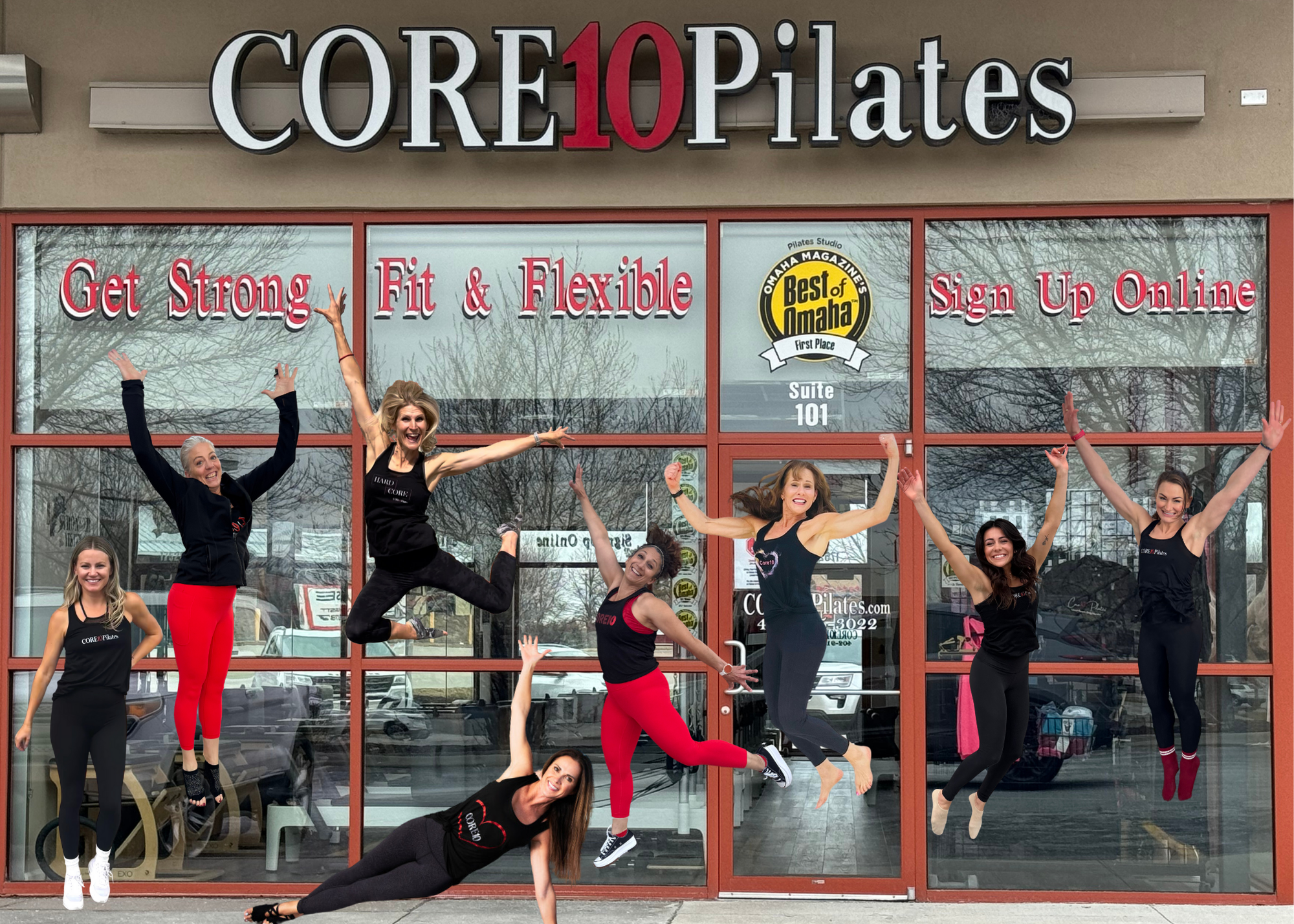 Core10 Pilates instructors jumping with excitement in front of the studio, celebrating strength, community, and high-energy reformer workouts