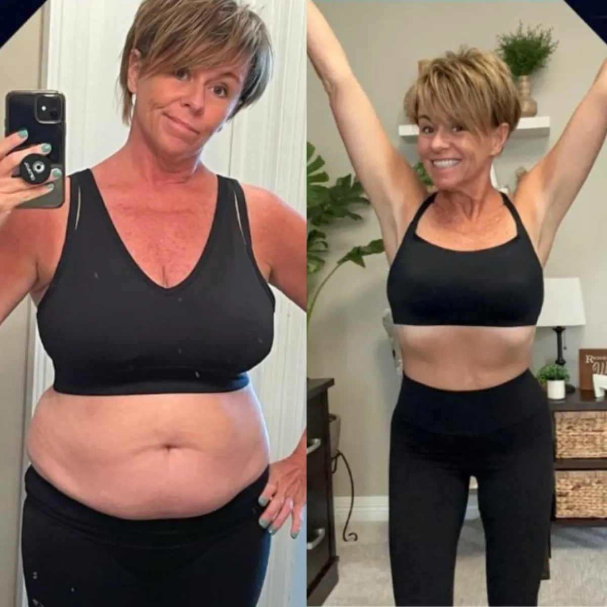 Core10 Pilates member transformation photo showing visible weight loss and toned core from consistent reformer workouts