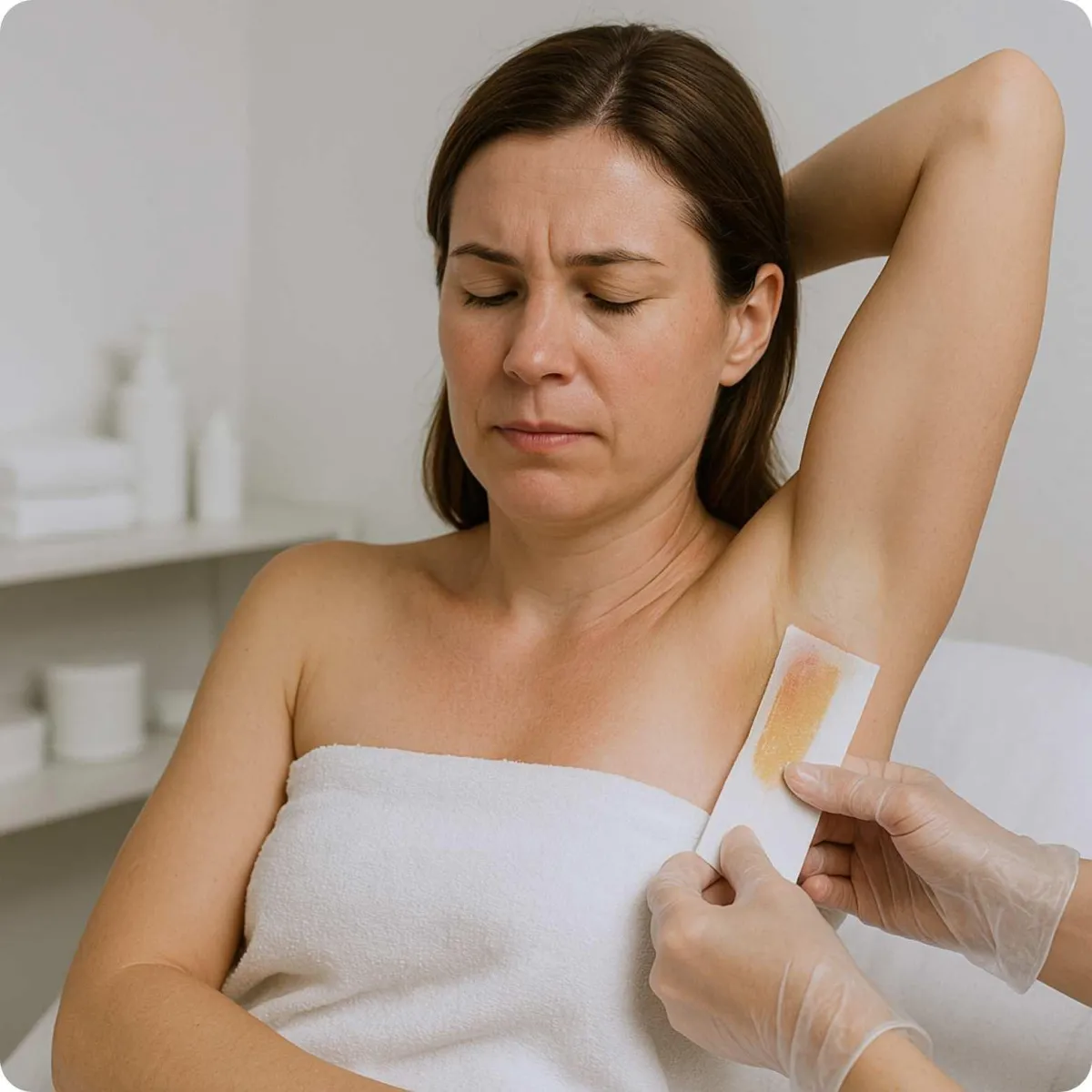 woman painful waxing underarms