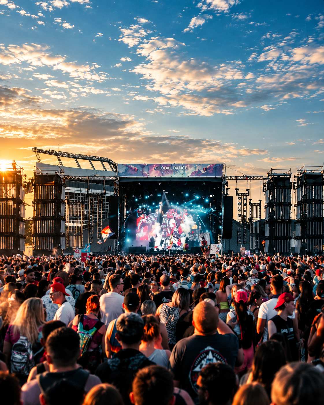 Outdoor music festival crowd at sunset