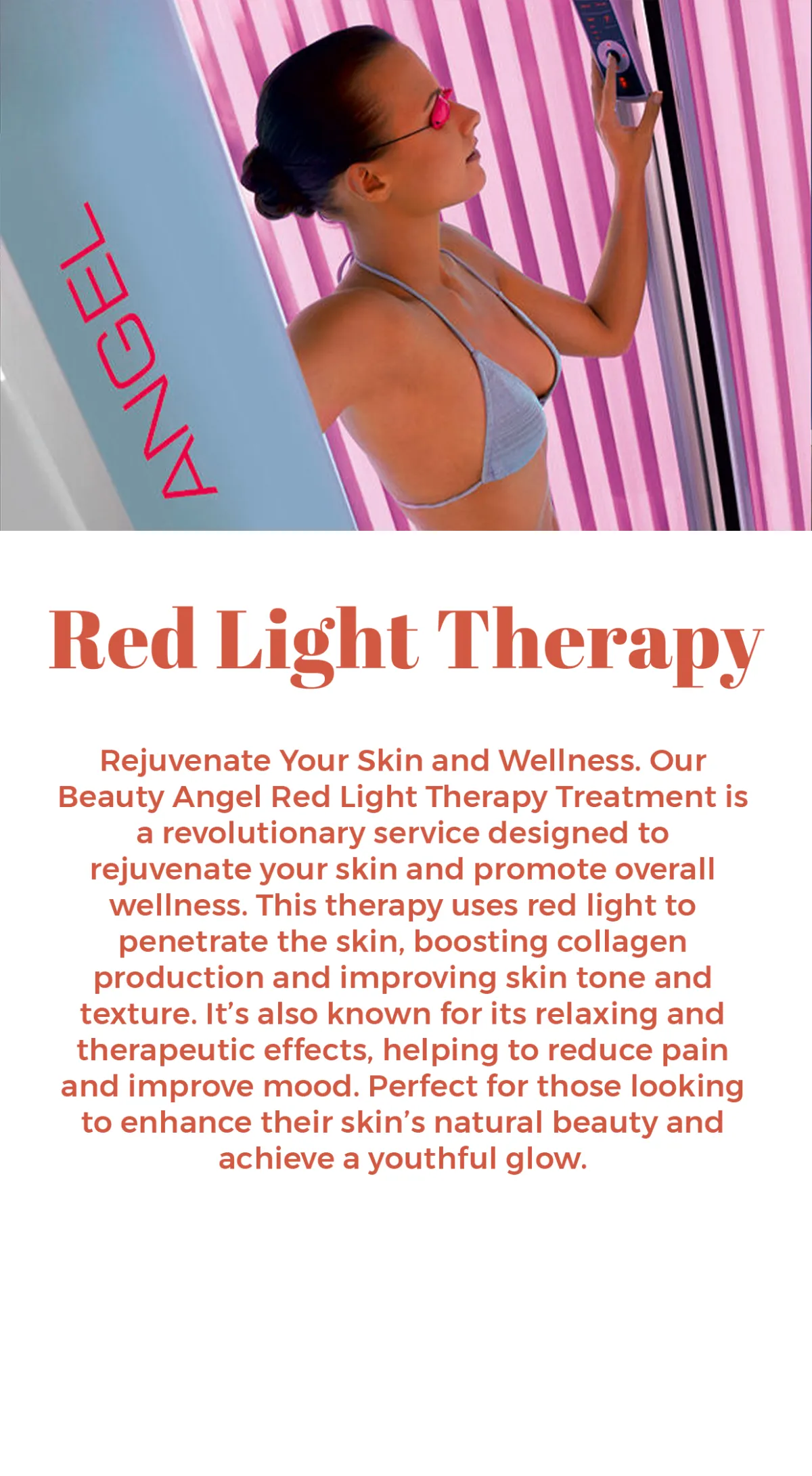 Red Light Therapy at The Sun Emporium in Vaughan, featuring Beauty Angel Red Light Therapy. A woman is experiencing the rejuvenating effects of red light therapy, designed to boost collagen production, improve skin tone and texture, reduce pain, and enhance mood for a youthful glow.