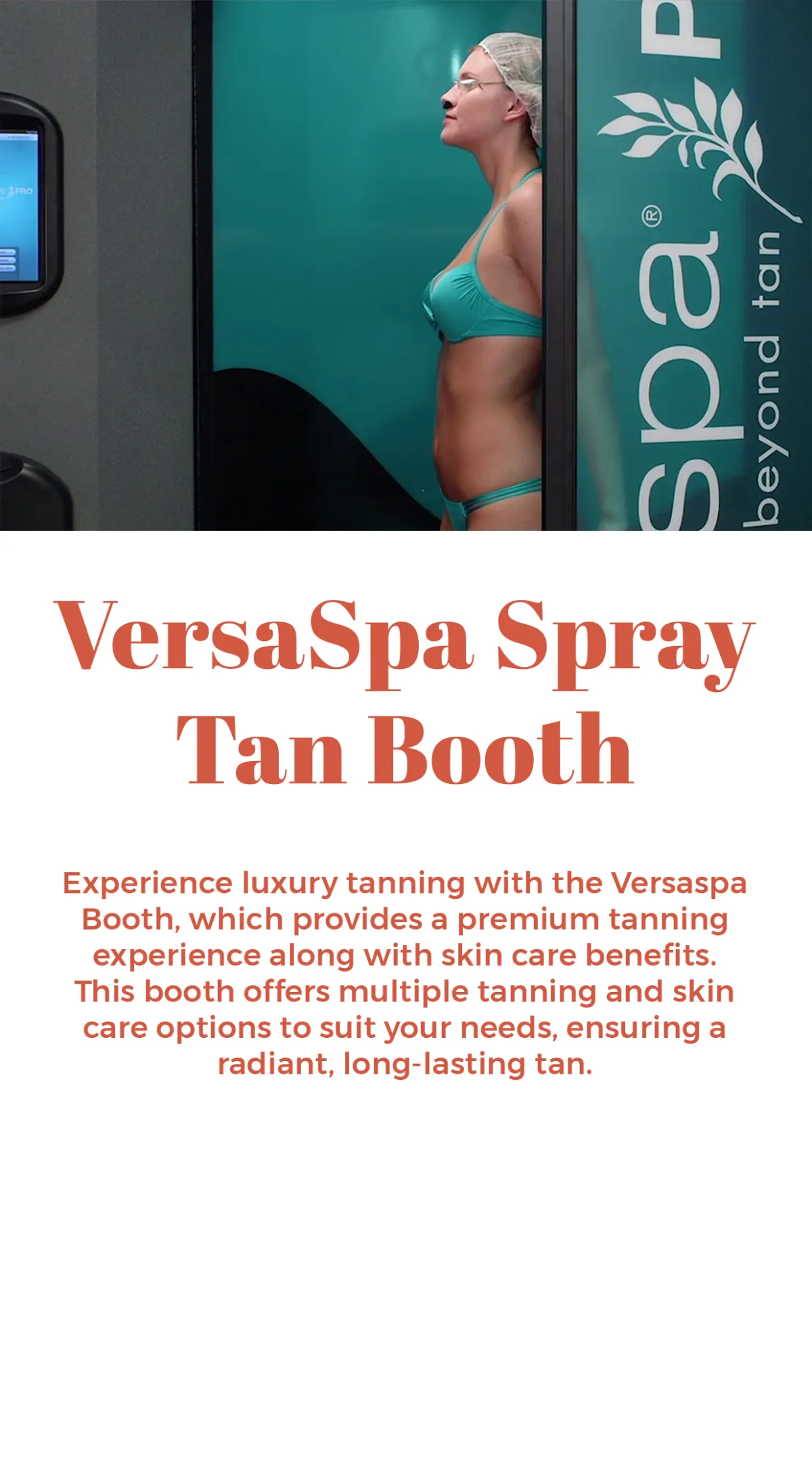 VersaSpa Spray Tan Booth at The Sun Emporium in Vaughan, featuring a premium tanning experience with skincare benefits. A woman is standing in the booth, ready for a spray tan session, ensuring a radiant, long-lasting tan.