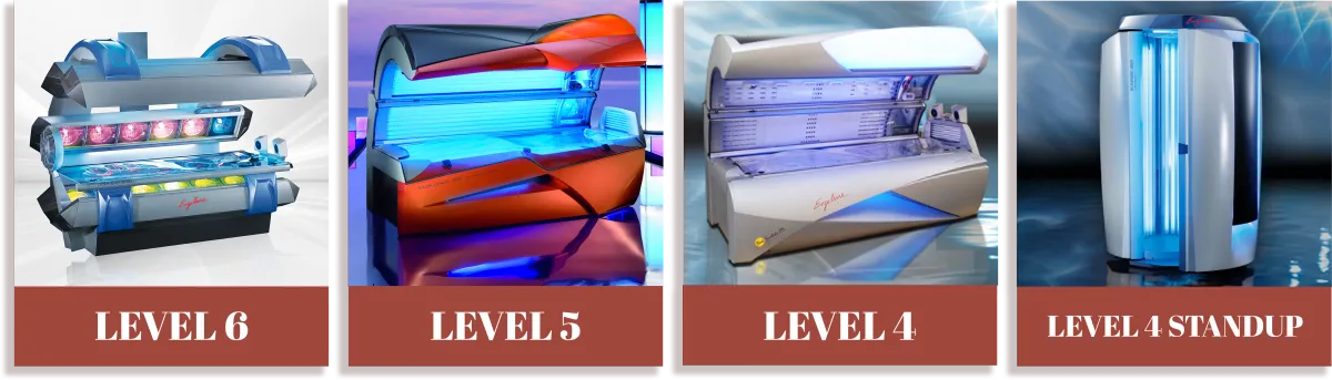 Tanning beds at The Sun Emporium in Vaughan: Level 6 advanced bed, Level 5 luxury bed, Level 4 high-performance bed, and Level 4 standup bed.