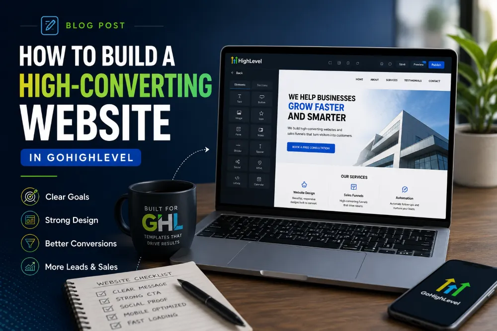 Modern clean web designer dashboard in GoHighLevel style