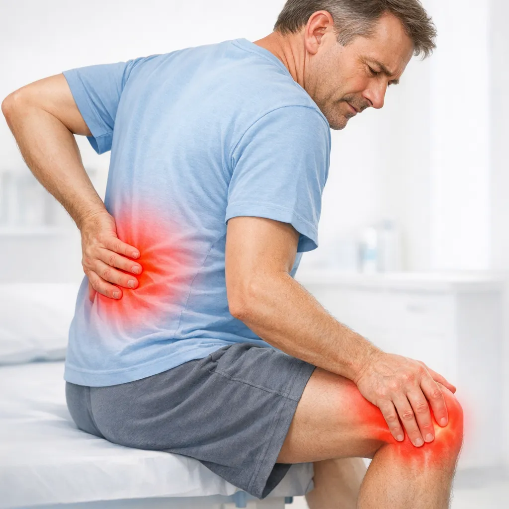 Athletic middle-aged person performing low-impact mobility exercise, highlighting recovery and healing.