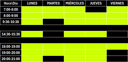 tabla con horario de clases del centro