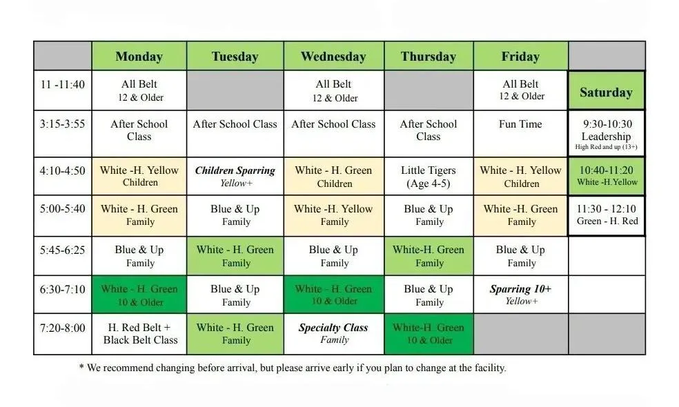 Byung Lee's King Tiger Taekwondo schedule