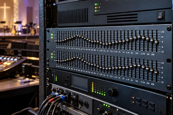 audio equipment rack with two one-third octave equalizers