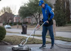 Professional pressure washing equipment cleaning a concrete surface