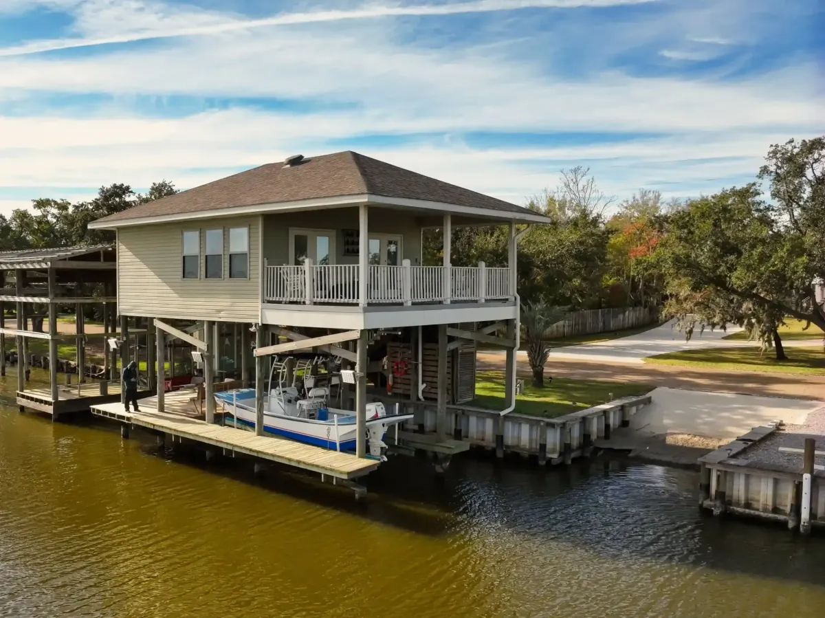 Aerial view of a house over water