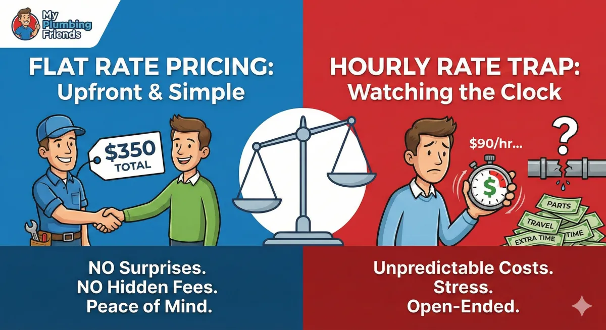 Split-screen comparison graphic: The left side illustrates 'Flat Rate Pricing' with a happy customer and a fixed price tag, representing safety and transparency. The right side depicts the 'Hourly Rate Trap' with a stressed customer watching a clock and piling costs, highlighting the risks of open-ended plumbing billing.