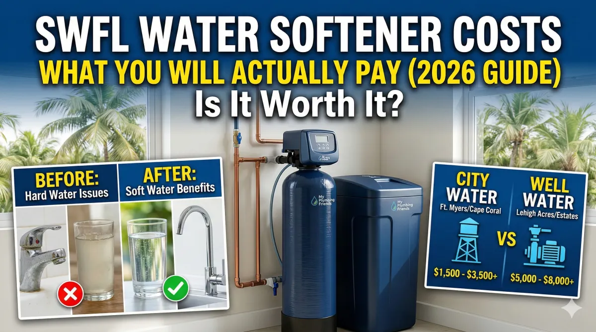 Graphic titled 'SWFL Water Softener Costs: What You Will Actually Pay (2026 Guide)'. The center features a My Plumbing Friends water softener system installed indoors. The left side shows a 'Before and After' of a dirty faucet with cloudy water versus a clean faucet with clear water. The right side compares 'City Water' costs in Fort Myers/Cape Coral at $1,500-$3,500+ against 'Well Water' costs in Lehigh Acres/Estates at $5,000-$8,000+.