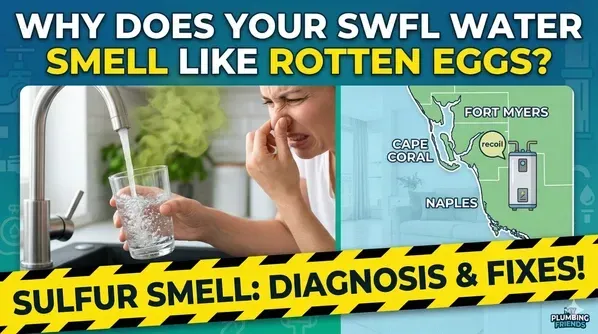 A woman holding her nose in disgust while filling a glass of water from a kitchen faucet, featuring green vapor to represent a sulfur odor. The image includes a map of Southwest Florida highlighting Fort Myers, Cape Coral, and Naples, with bold text overlay reading "Why does your SWFL water smell like rotten eggs? Sulfur Smell: Diagnosis & Fixes.