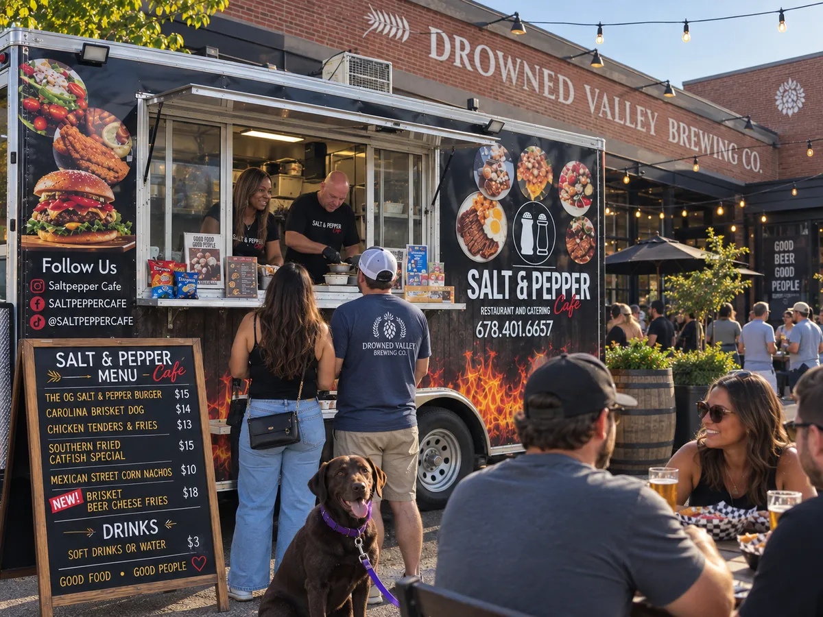 Salt & Pepper Cafe food truck serving guests outside Drowned Valley Brewing Co., Acworth-area food truck and catering