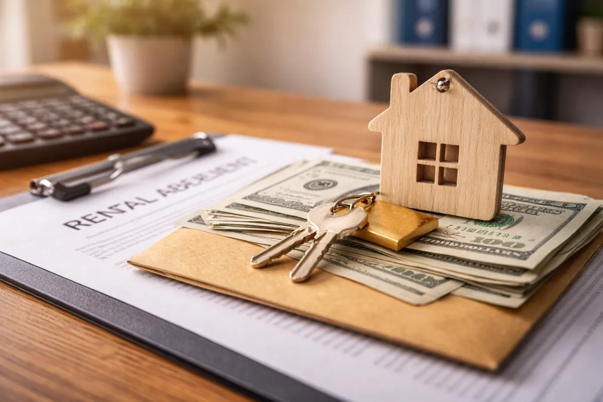 Maryland rental property security deposit concept with keys, cash, and lease agreement documents
