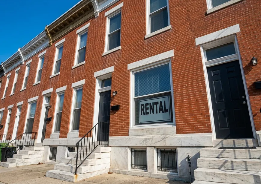Photograph of Baltimore rowhouses with "RENTAL" sign in the window, representing professional property management services and compliance readiness in Baltimore City.