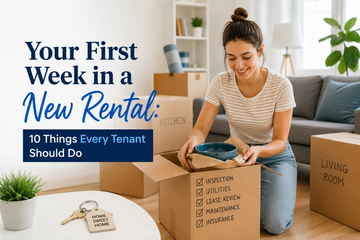 New tenant moving into a rental home during the first week with moving boxes and apartment keys.