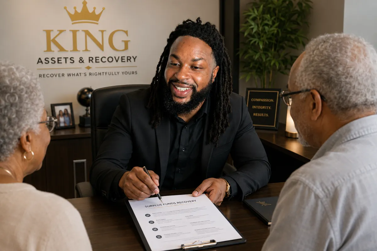 Photorealistic scene with a teal envelope on the table labeled 'King Assets & Recovery' in white text; man holding a folded letter