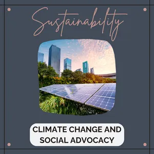 Sustainability: Climate Change and Social Advocacy. Image of Solar panels with trees and cityscape in the background.