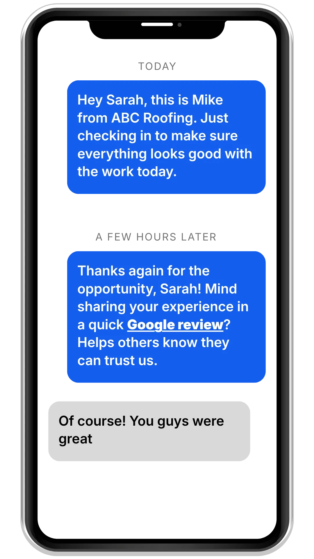 Smartphone mockup showing ReplyRightAway SMS thread