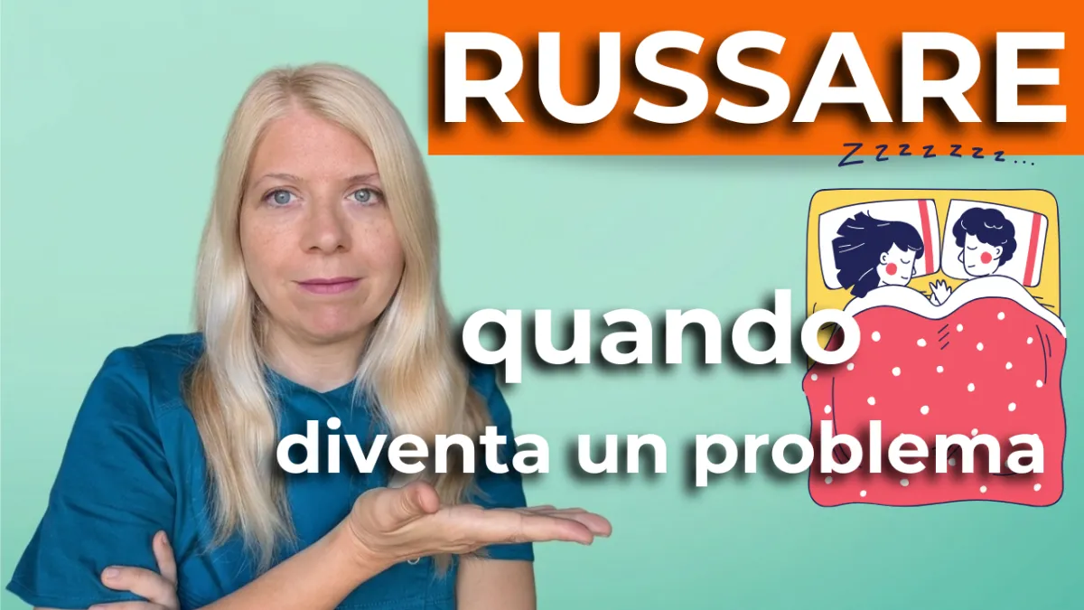Miniatura video informative con sfondo verde pastello. A sinistra, una dottoressa donna bionda con casacca blu presenta l'argomento con la mano destra aperta e tesa. In alto a destra, all'interno di un blocco arancione, c'è la parola "RUSSARE" in bianco. Sotto l'illustrazione fumettistica di una coppia che dorme sotto una trapunta a pois con i simboli "ZZZZZZZZ..." sopra di loro. Al centro-basso, il testo bianco dice: "quando diventa un problema".