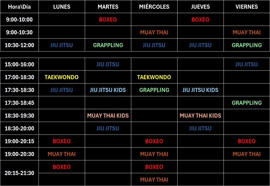 tabla con horario de clases del centro