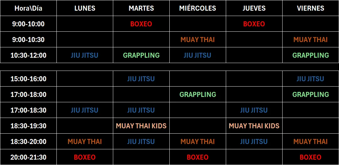 tabla con horario de clases del centro