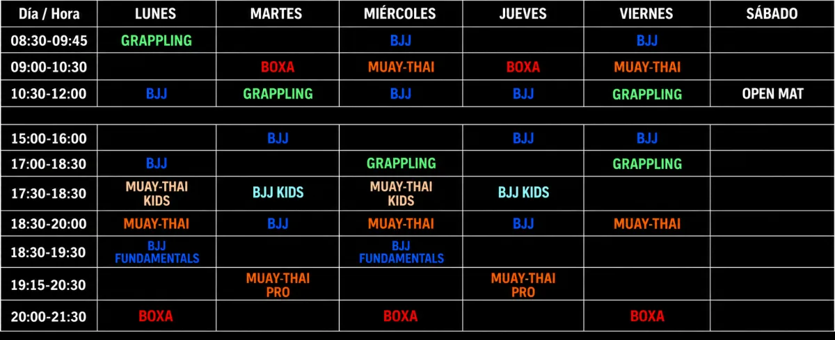 tabla con horario de clases del centro