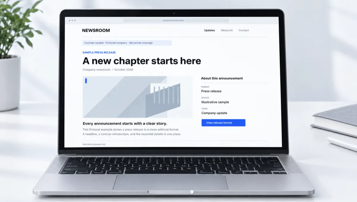Concept sample of a fictional company press release displayed on a laptop. Not actual media coverage.