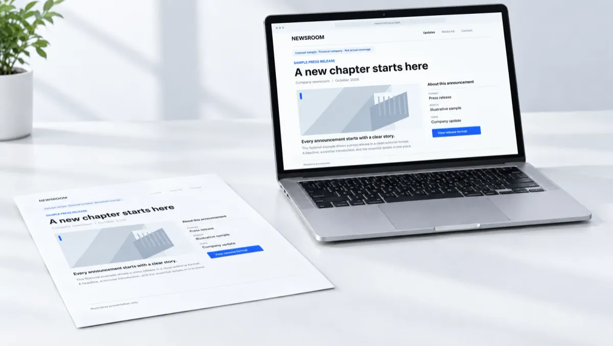 Illustrative fictional press release shown on a laptop and printed page. Not actual publisher coverage.