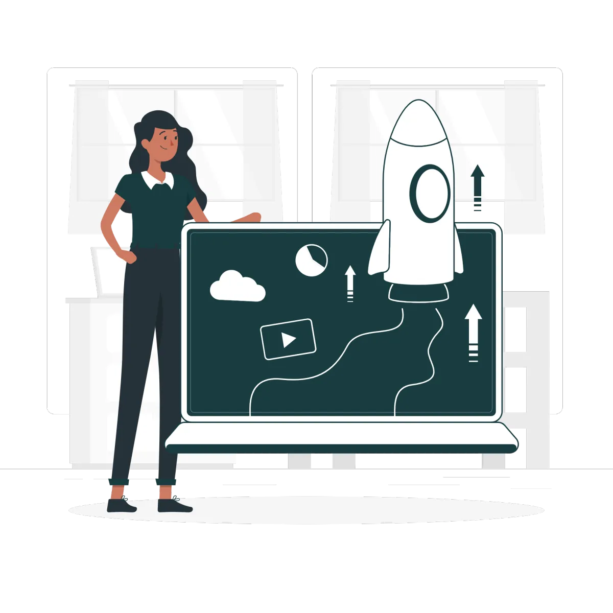 Marketing growth illustration – woman standing beside a laptop screen with a rocket launch, symbolizing digital marketing, lead generation, and business growth.