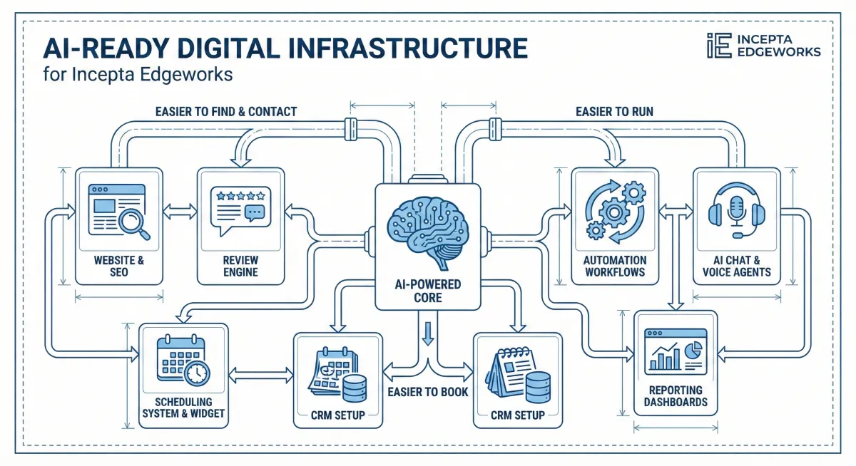 Visual representation of AI-ready digital systems, automation workflows, and integrated business tools for Incepta Edgeworks.