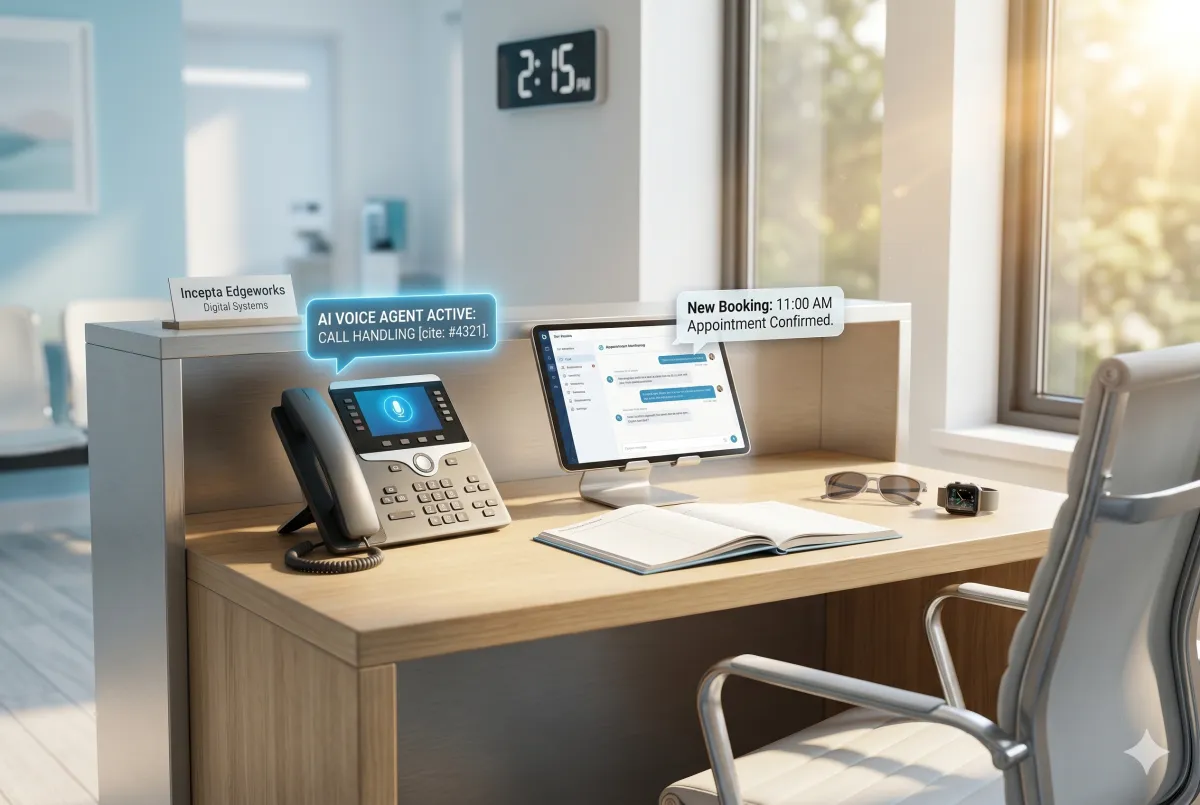 An unattended reception desk representing missed calls and lost leads while a service business owner is on vacation.