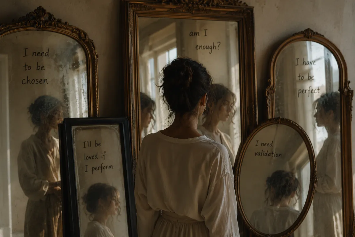 Reflective image exploring identity, validation, and authentic love beyond performance.