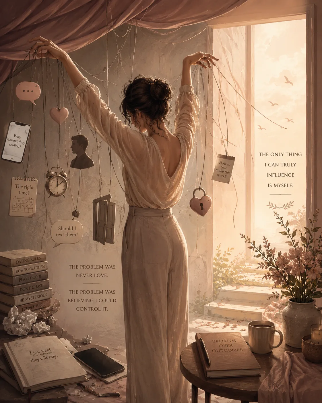 Woman holding tangled strings attached to relationship symbols, representing the illusion of control, emotional growth and acceptance in love.