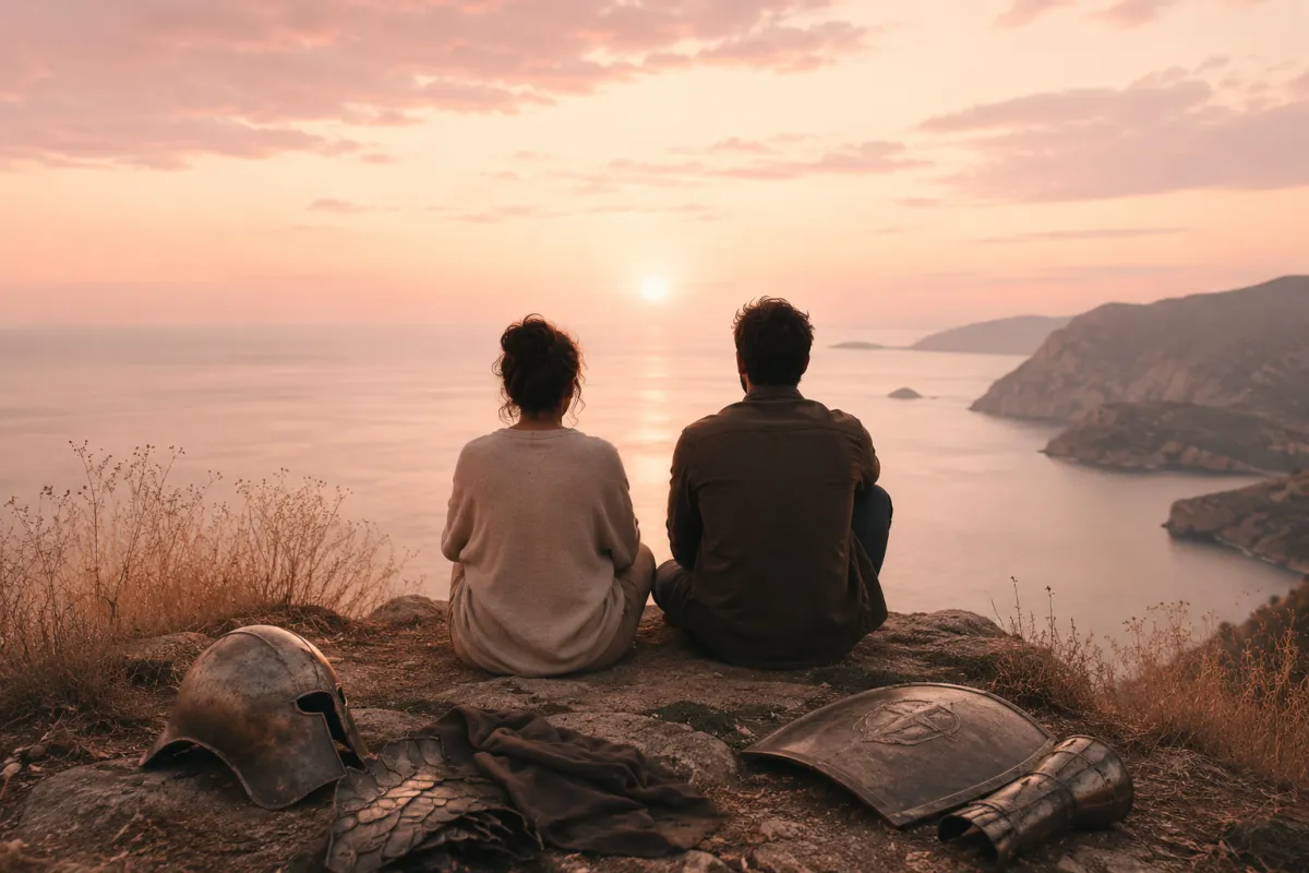 Two people stand side by side overlooking a peaceful landscape at sunrise, with pieces of armour resting on the ground beside them, symbolising vulnerability, trust and authentic connection